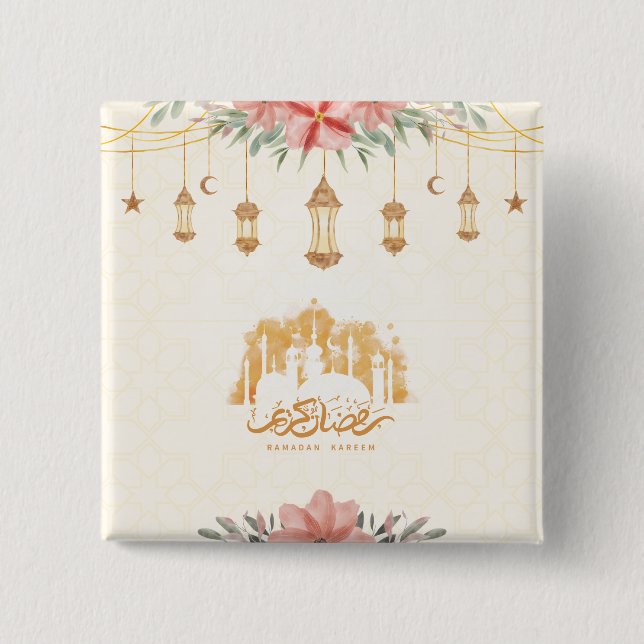 Macaron Carré 5 Cm Lanternes d'aquarelle florale Ramadan Kareem (Devant)