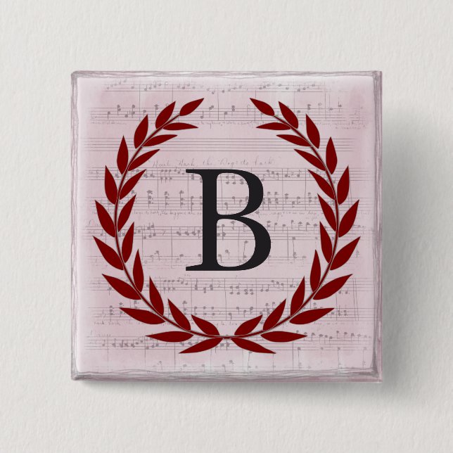 Macaron Carré 5 Cm Laurel Feuille de couronne Musique Monogramme init (Devant)