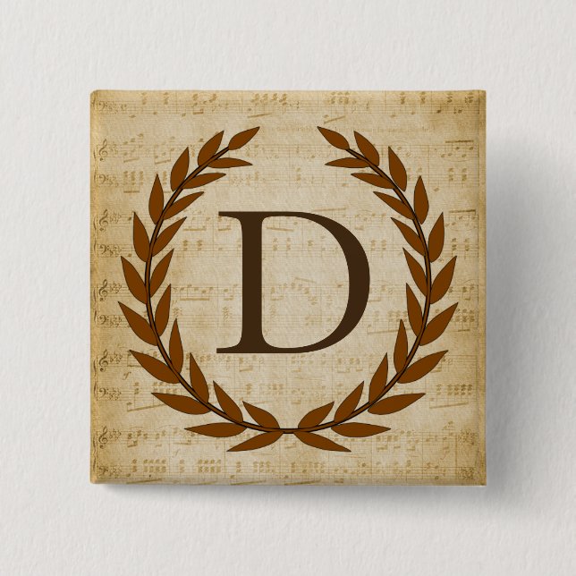 Macaron Carré 5 Cm Laurel Wreath Sheet Musique Monogramme initial D (Devant)