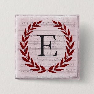 Macaron Carré 5 Cm Laurel Wreath Sheet Musique Monogramme initial E