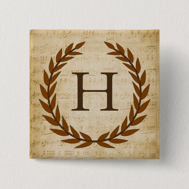 Macaron Carré 5 Cm Laurel Wreath Sheet Musique Monogramme initial H (Devant)