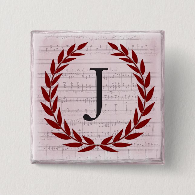 Macaron Carré 5 Cm Laurel Wreath Sheet Musique Monogramme initial J (Devant)