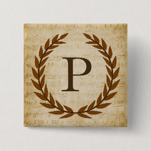 Macaron Carré 5 Cm Laurel Wreath Sheet Musique Monogramme initial P