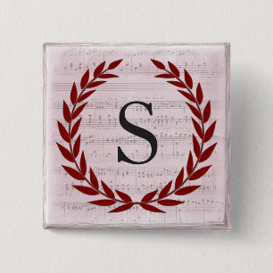 Macaron Carré 5 Cm Laurel Wreath Sheet Musique Monogramme initial S