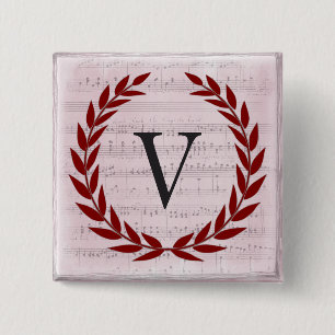 Macaron Carré 5 Cm Laurel Wreath Sheet Musique Monogramme initial V