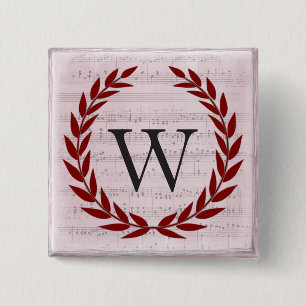 Macaron Carré 5 Cm Laurel Wreath Sheet Musique Monogramme initial W