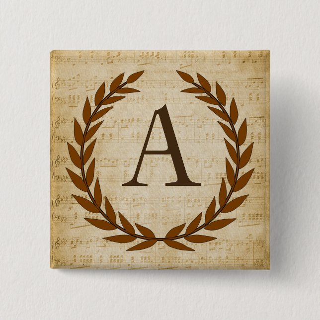 Macaron Carré 5 Cm Laurel Wreath Sheet Musique Monogramme Initiale A (Devant)