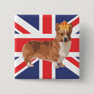 Macaron Carré 5 Cm Le Corgi de la Reine avec Couronne et Union Jack