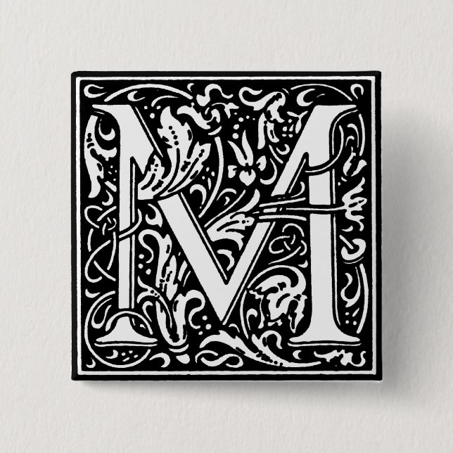 Macaron Carré 5 Cm Lettre alphabet de style Renaissance M - Pin (Devant)