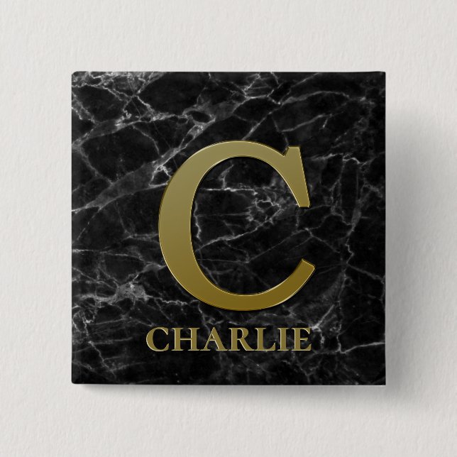 Macaron Carré 5 Cm Lettre C Monogramme sur Bouton en marbre noir (Devant)