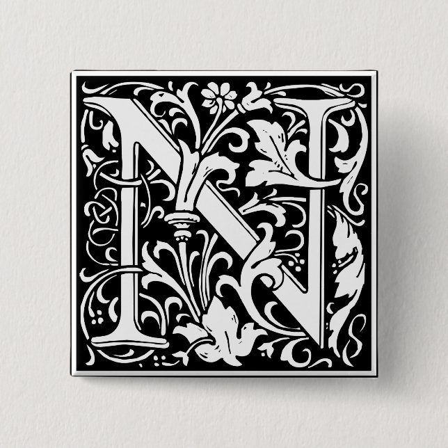Macaron Carré 5 Cm Lettre N Monogramme médiéval Art Nouveau (Devant)