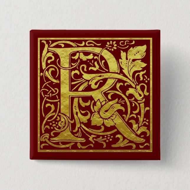 Macaron Carré 5 Cm Lettre R Première Lettre Faux Gold Rouge (Devant)