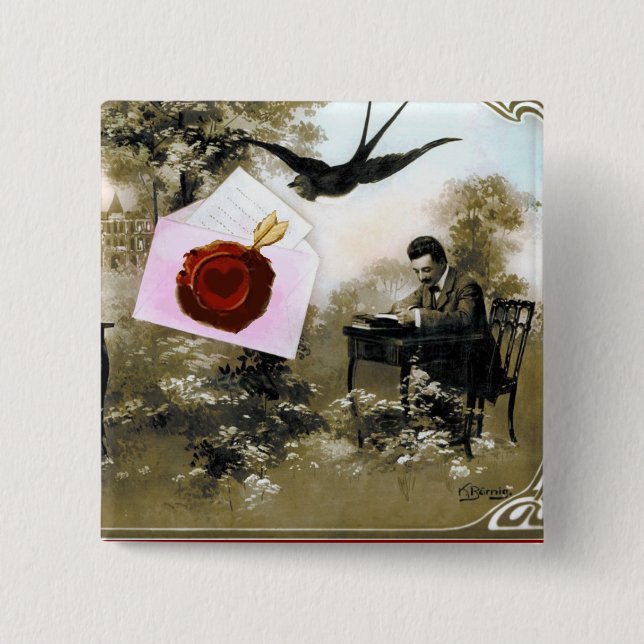 MACARON CARRÉ 5 CM LETTRE VALENTINE ROMANTIQUE, SCEAU DE CIRE ROUGE (Devant)