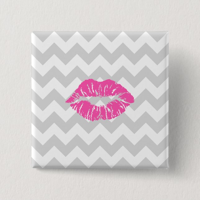 Macaron Carré 5 Cm Lieutenant Gray White Chevron, Pink Lipstick Kiss (Devant)