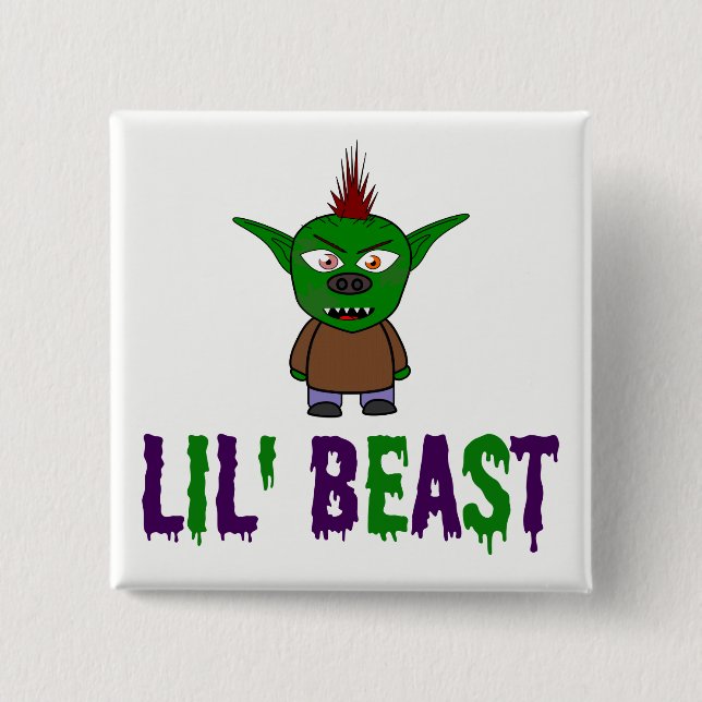 Macaron Carré 5 Cm Lil' Beast Goblin violet et vert goutte police (Devant)