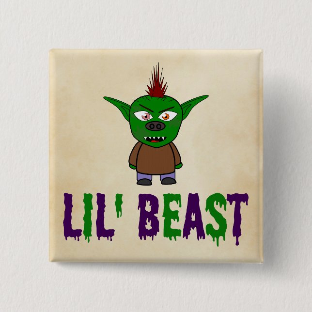 Macaron Carré 5 Cm Lil' Beast Goblin violet et vert goutte police (Devant)