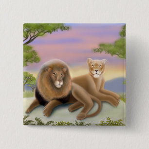 Macaron Carré 5 Cm Lions africains sur le Pin de la savane