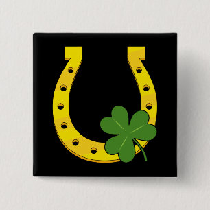 Macaron Carré 5 Cm Lucky Golden Horseshoe avec Shamrock sur noir