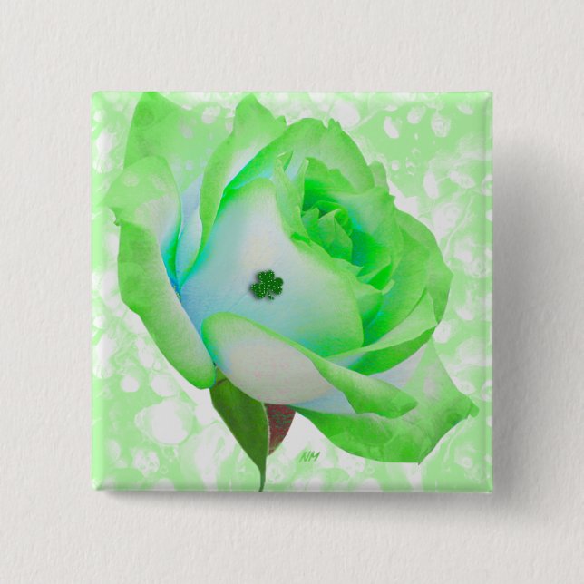 Macaron Carré 5 Cm Lucky Green Rose, bouton (Devant)