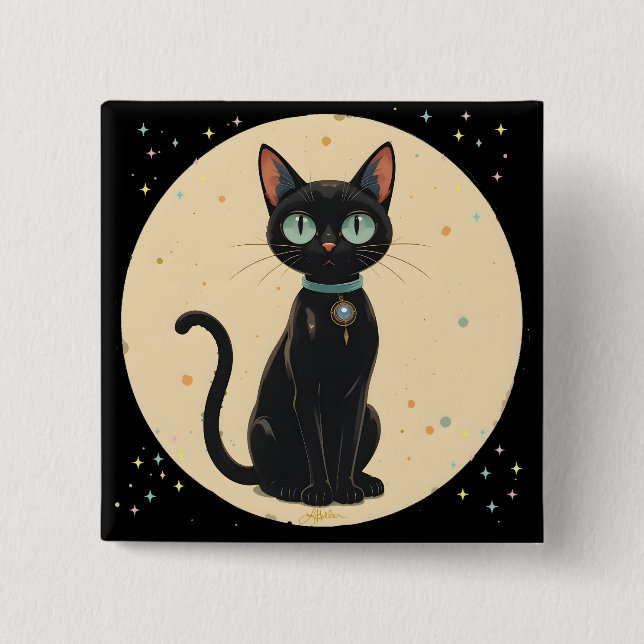 Macaron Carré 5 Cm Lune de chat noir atomique futuriste (Devant)