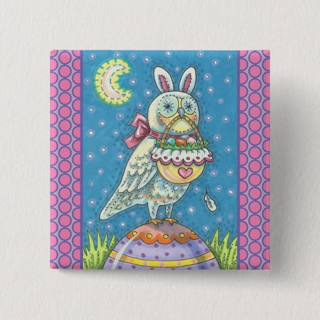 Macaron Carré 5 Cm MAGIC BARN OWL & EASTER BASKET, HOLIDAY BUTTON Squ (Devant)