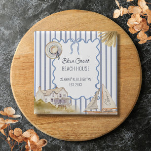 Macaron Carré 5 Cm Maison de plage bleu chic côtier rayures bleues