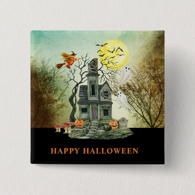 Macaron Carré 5 Cm Maison hantée d'Halloween pour enfant éffrayant (Devant)