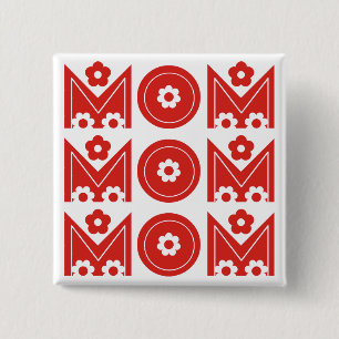 Macaron Carré 5 Cm Maman dessin de texte floral rouge Bouton Fête des