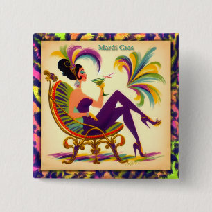 Macaron Carré 5 Cm Mardi Gras Femme Au Milieu Du Siècle Avec Martini
