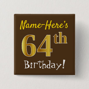 Macaron Carré 5 Cm Marron, Faux Gold 64e Anniversaire, Avec Nom Perso
