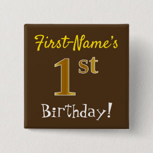 Macaron Carré 5 Cm Marron, Faux Or 1er Anniversaire, Avec Nom Personn