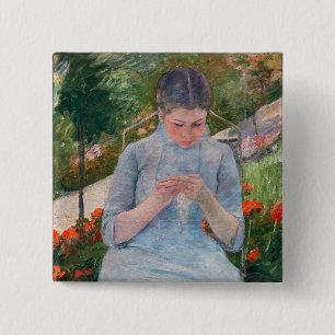 Macaron Carré 5 Cm Mary Cassatt - Jeune fille cousant dans un jardin