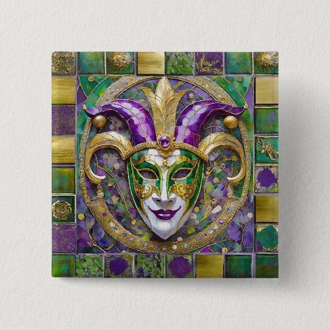 Macaron Carré 5 Cm Masque Mardi Gras Jester Vert Or (Devant)