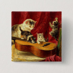 Macaron Carré 5 Cm Mère Chat et chatons Jouer avec la guitare