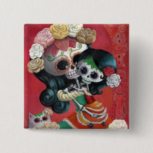 Macaron Carré 5 Cm Mère et fille de Dia de Los Muertos Skeletons