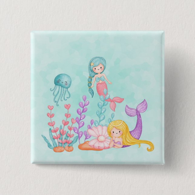 Macaron Carré 5 Cm Mermaids et méduses sous l'aquarelle marine (Devant)