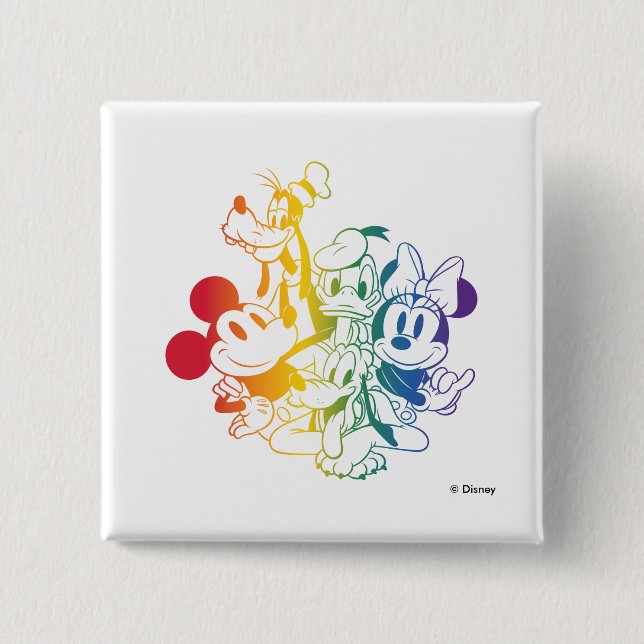 Macaron Carré 5 Cm Mickey et amis heureux Rainbow (Devant)