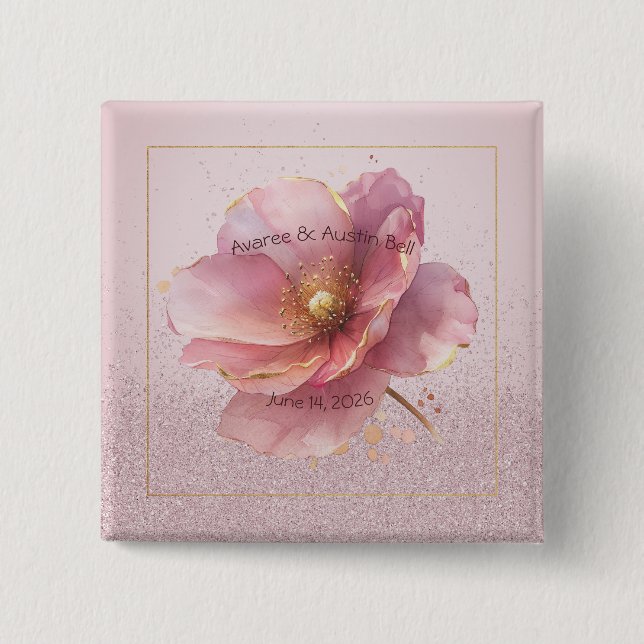 Macaron Carré 5 Cm Minimalist Pink and Gold Poppy Wedding (Devant)