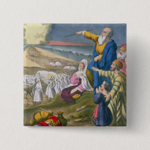 Macaron Carré 5 Cm Moïse séparant la Mer Rouge, d'une bible imprimée