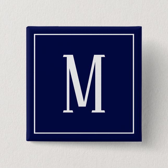 Macaron Carré 5 Cm Monogramme blanc sur le bouton Carré bleu marine (Devant)