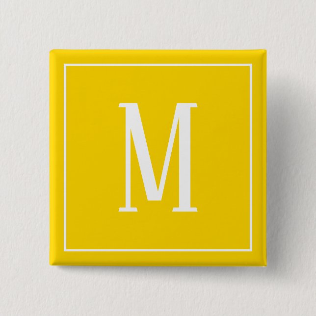 Macaron Carré 5 Cm Monogramme blanc sur le bouton Carré jaune d'or (Devant)