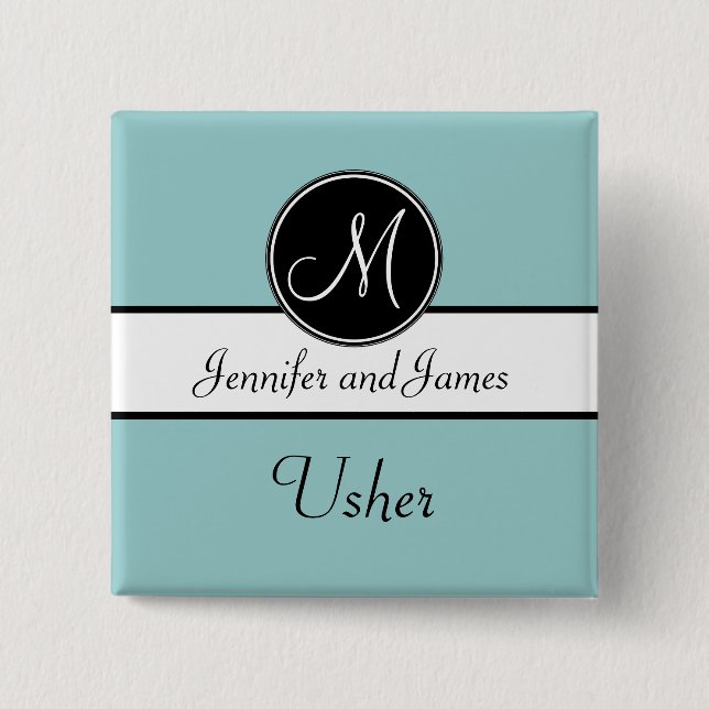 Macaron Carré 5 Cm Monogramme de noir bleu épousant le bouton d'Usher (Devant)