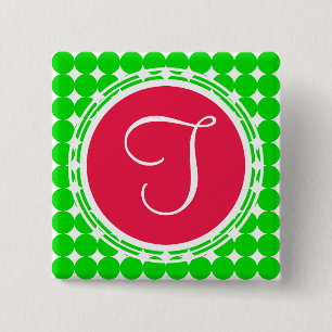 Macaron Carré 5 Cm Monogramme de point de polka rouge et vert