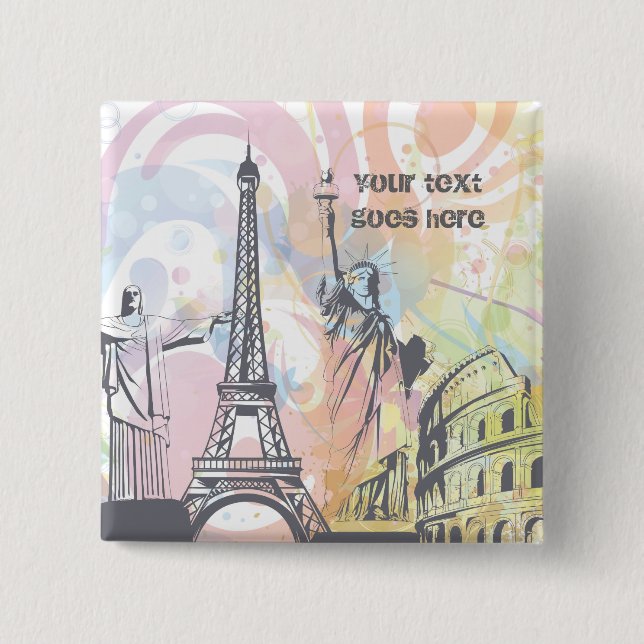 Macaron Carré 5 Cm Monuments du monde bouton personnalisé (Devant)