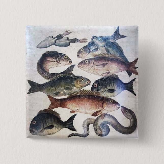 MACARON CARRÉ 5 CM MOSAÏQUES ROMAINES ANTIQUES, POISSONS, ESPACE DE V (Devant)