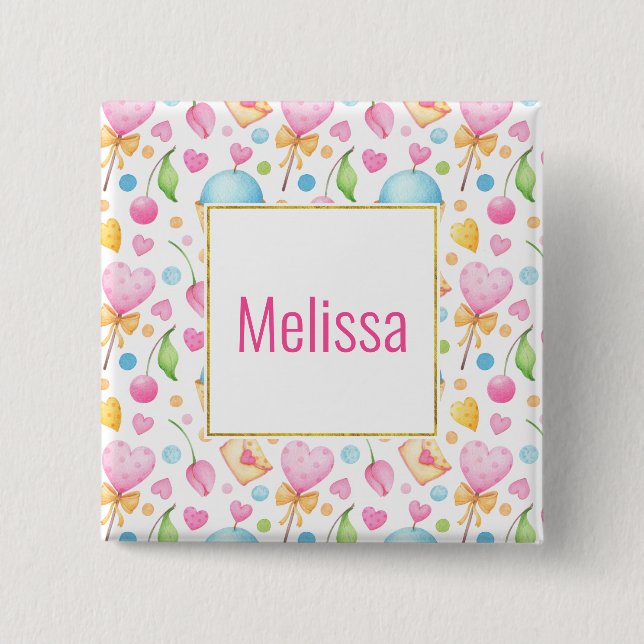 Macaron Carré 5 Cm Motif d'aquarelle douce Coeurs et Cupcakes (Devant)
