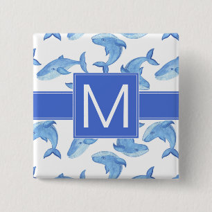 Macaron Carré 5 Cm Motif de baleine bleue d'aquarelle