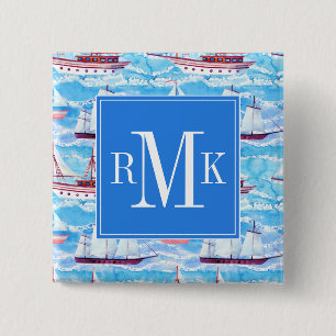 Macaron Carré 5 Cm Motif de bateaux de navigation d'aquarelle