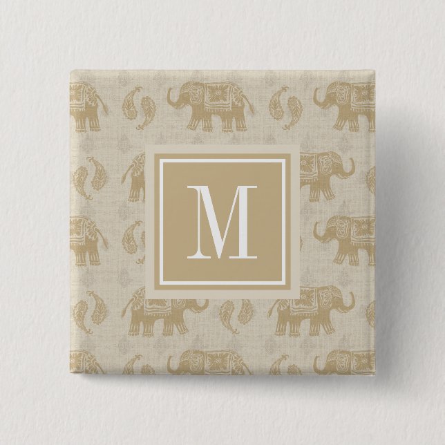 Macaron Carré 5 Cm Motif kaki de caravane d'éléphant du monogramme | (Devant)