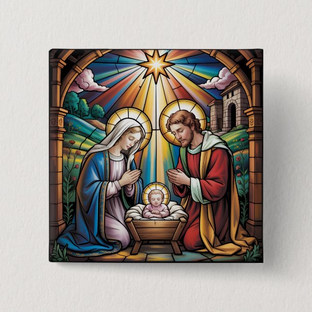 Macaron Carré 5 Cm Nativity Stained Glass Art – Holy Family Christmas (Devant)